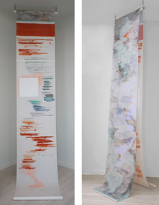 Anne Gilman Scrolls with printed elements ink, pencil, paint with relief prints on 3 scrolls