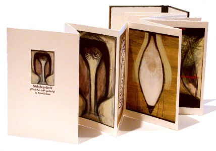 Anne Gilman Limited Edition Artist Books mixed media digital accordion book with hand coloring, printed on Arches cover stock, edition of 10