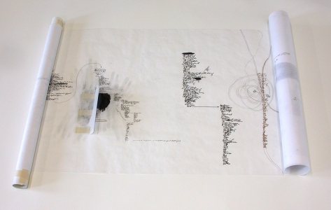 Anne Gilman Scroll Table medical paper, dry pigment, pencil, tape, collage