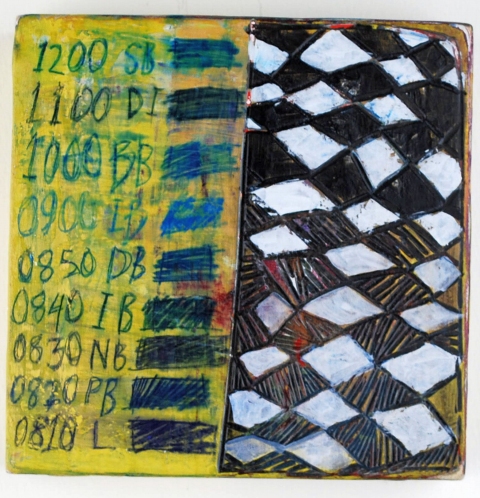  100 Six Inch Panels acrylic, inktense pencil and carving on birch