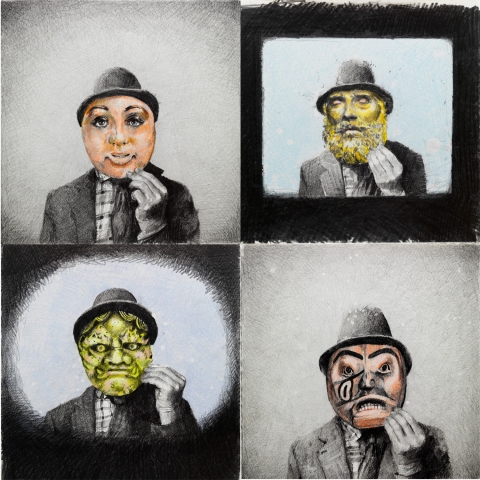 Masks 1-4 Narcissistic Excess mixed media on paper