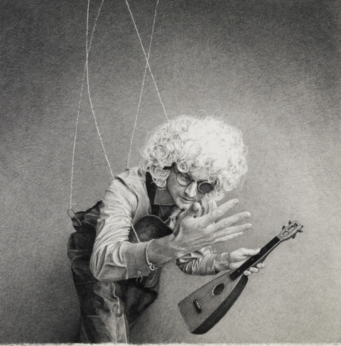 Best way to protect your garden from the goddamn crows? Hire a marionette Rural Myths graphite on paper
