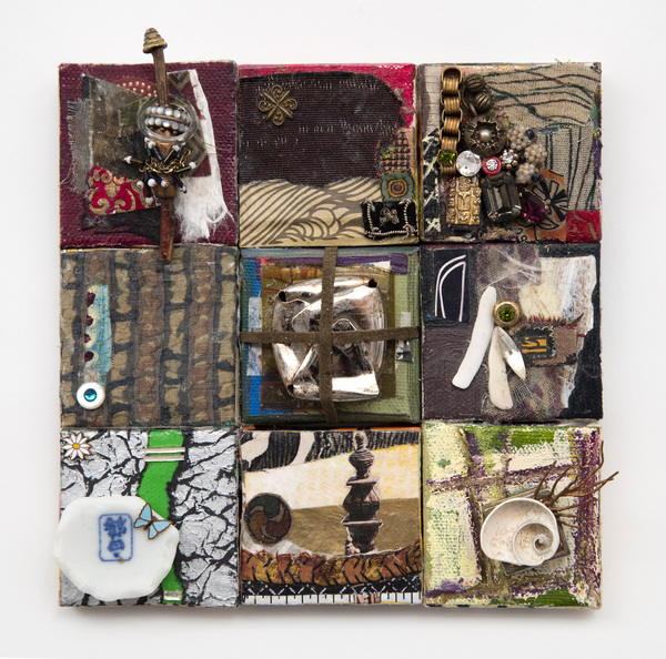 Ellen Devens Small works fabric, oil paint, metal, shell, found remnants, glass stones, wood