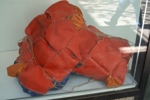 Raise Ravens II sculpture. hot water bottles, air mattress, speedbag bladders, thread, twine