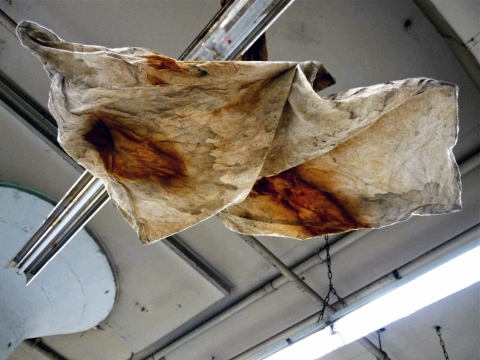 Of Rivers and Religion 8 (detail) sculpture. muslin, thread, rust, coffee, tea, wire