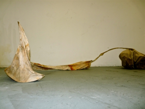 Of Rivers and Religion 8 (detail) sculpture. muslin, thread, rust, coffee, tea, wire