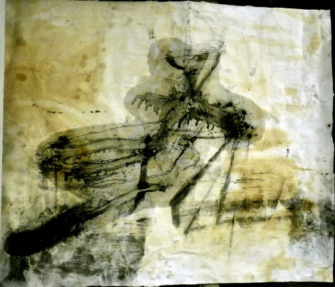 Of Rivers And Religion 1 drawing. oil, charcoal, coffee, rust, ink on paper