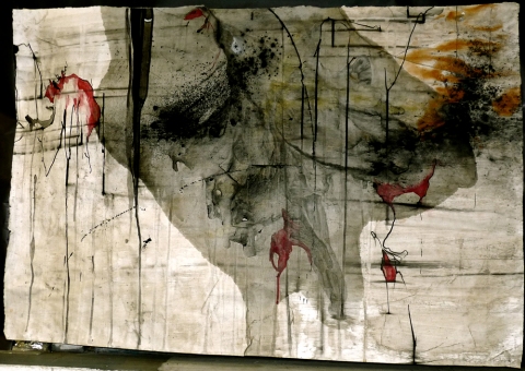 Of Rivers And Religion 3 drawing. oil, charcoal, coffee, rust, ink on paper