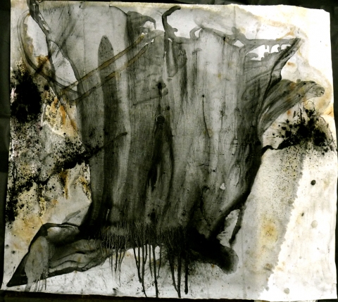 Of Rivers And Religion 2 drawing. oil, charcoal, coffee, rust, ink on paper
