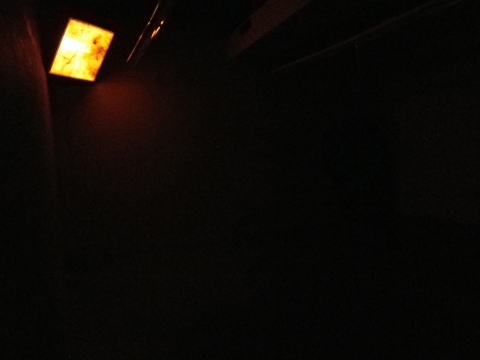 Lantern sculpture. rust on linen, incandescent bulb, duct tape
