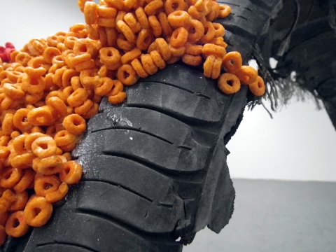 Whale (detail) sculpture. tire, froot loops, bleach