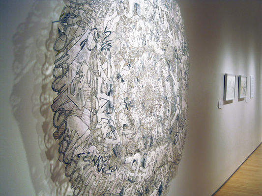 Leslie Hirst Graffiti Lace collage of antique etchings, antique hand written letters, and telephone directories stitched with cotton thread