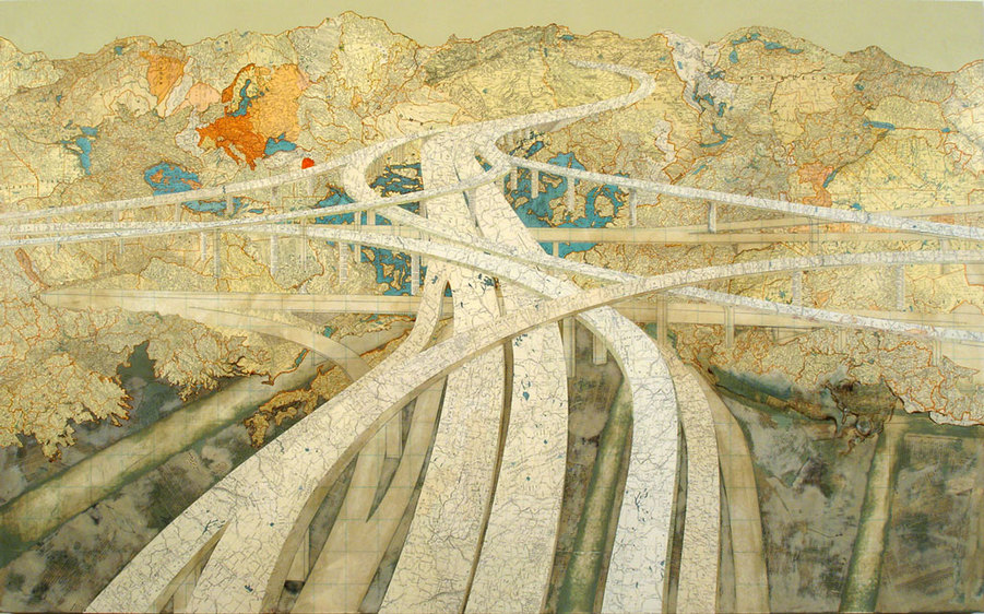 Matthew Cusick Map Works Inlaid maps, acrylic, on panel
