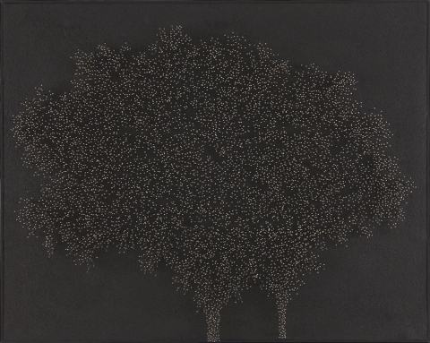 MiYoung Sohn Straight Pins straight pins, india ink, corkboard
