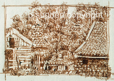 Philip Sugden, Artist Travel Journal Sketches Sepia Ink on Paper