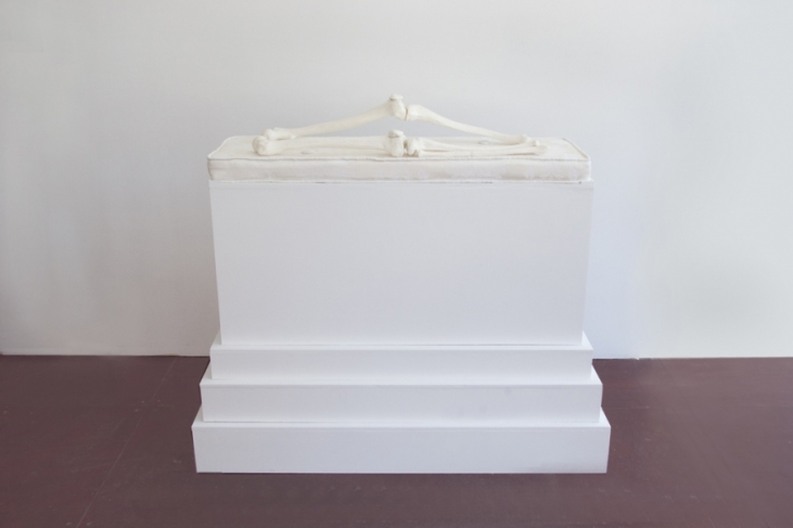 Bone China Series, Stems Archive porcelain, upholstered cushion, wood pedestal