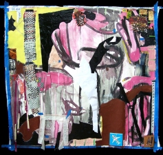 Shari Schemmel pink dream / pink nightmare mixed media collage on unstretched canvas