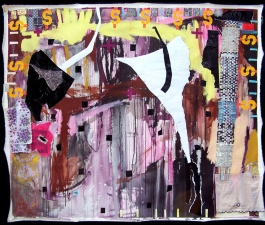 Shari Schemmel pink dream / pink nightmare mixed media collage on unstretched canvas