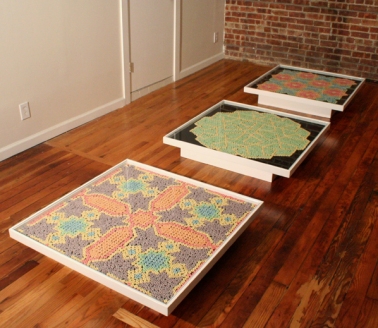 Steve Rossi Fruit Loop Mosaics  Fruit Loops, felt, plywood, and glass