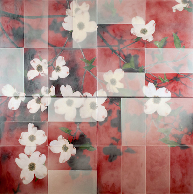 Big Red Dogwood florals Encaustic and collage on wood.