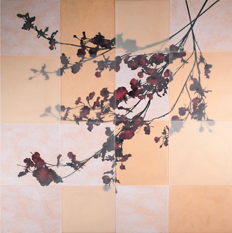 Orchids Fall revised florals Oil, encaustic and collage on wood.