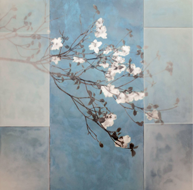 Black Branch Open florals Encaustic and collage on wood.