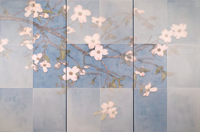 Single Dogwood on Blue florals Encaustic and collage on wood.