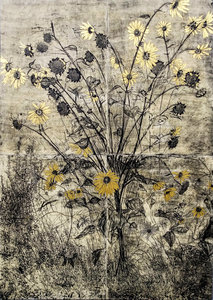 ARTicles Art Gallery Helen Gotlib drypoint print with 24K gold leaf and palladium leaf on birch panel 