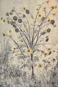 ARTicles Art Gallery Helen Gotlib drypoint printing, 24K gold leaf & palladium leaf on birch panel