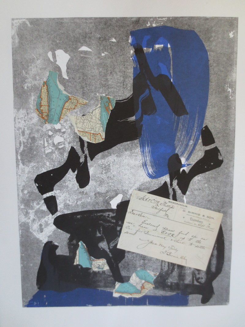 Barbara Shapiro "Here and There" Pronto Plate Lithography with pasted paper on paper