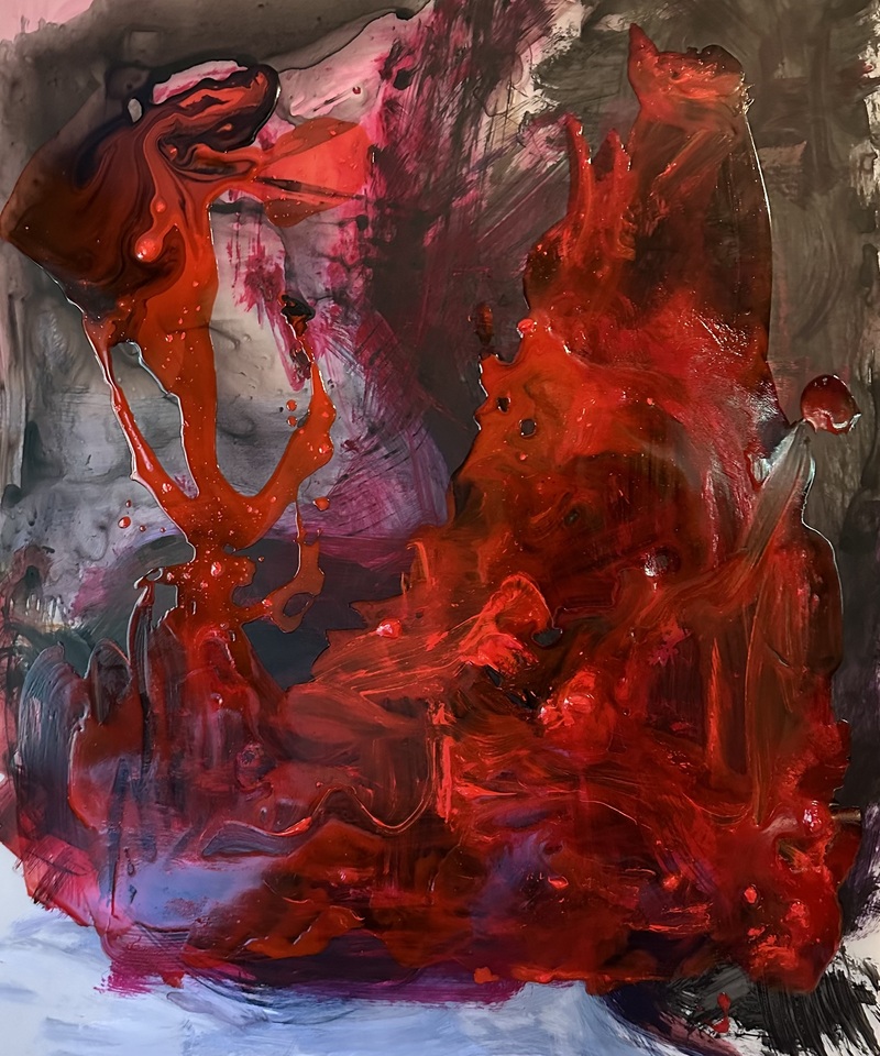 Barbara Shapiro  "Red Hot" Acrylic paint, India Inc, gloss medium on Dura-Lar