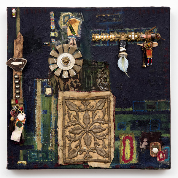 Ellen Devens Mixed media on canvas oil paint, wood, glass, antique textile, original works on paper, fabric, beads, stones, metal, shell, suede cord