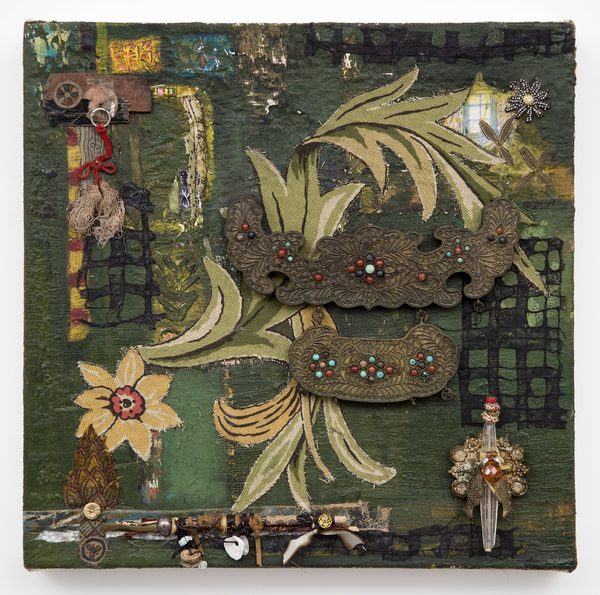 Ellen Devens Mixed media on canvas oil paint, fabric, Nepalese antique element, findings, remnant from Kyoto shrine, wood, shell, buttons, ribbon, glass, beads