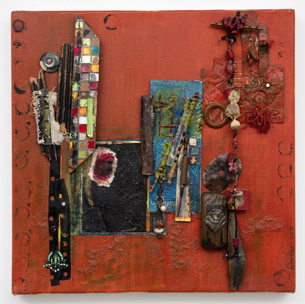 Ellen Devens Mixed media on canvas oil paint, works on paper, fabric, wood, colored glass tiles, metal, cord, leather, beads, lucite, buttons, string