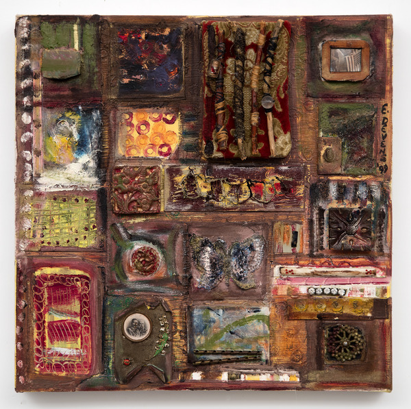 Ellen Devens Mixed media on canvas oil paint, works on paper, antique Hungarian metal historical memorabilia, beads, wire, leather, photograph, wood