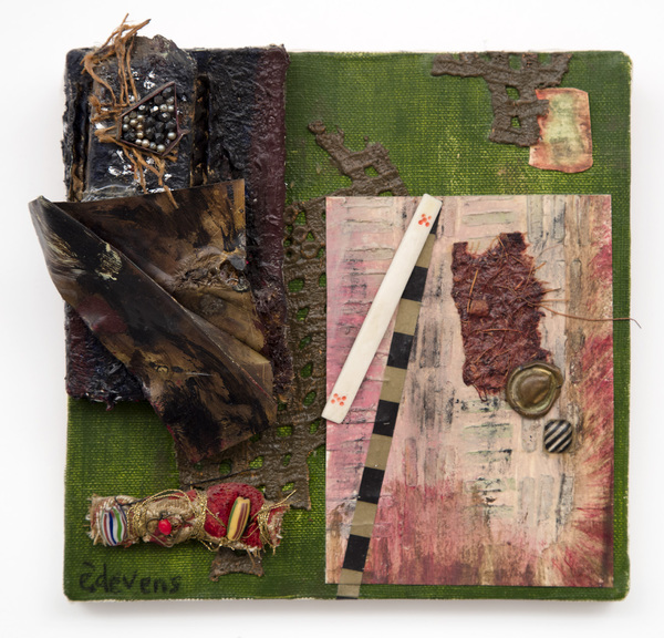 Ellen Devens Mixed media on canvas oil paint, metal, handmade fabric bundles, beads, stones, old ivory game piece, works on paper, 