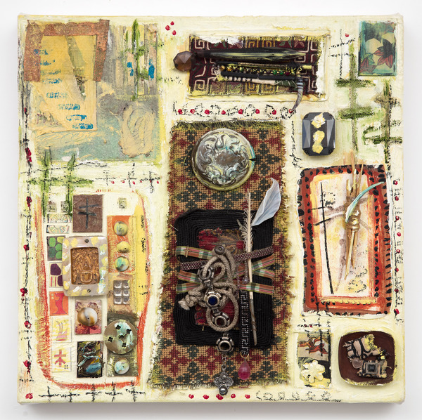 Ellen Devens Mixed media on canvas original works on paper, fabric, large Memory bundle with ribbon, cord, glass flower and dried grasses, smaller sacred bundles in wood tray with blue glass element