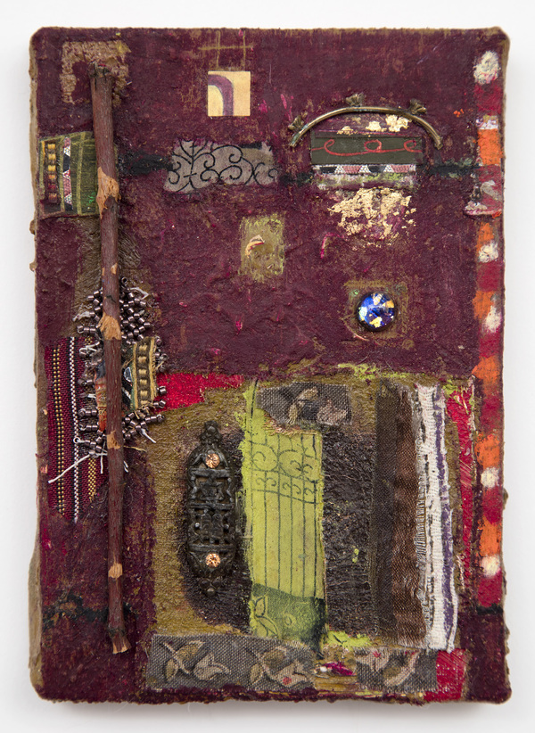 Ellen Devens Mixed media on canvas wood stick, antique metal mezuzah, fabric, stones and beadwork, various markings