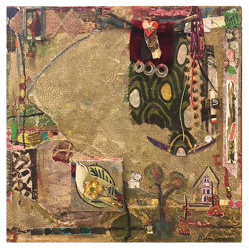 Ellen Devens Mixed media on canvas Oil pastel / paint, fabric, paper, painted canvas remnants, painted stamping on antique Turkish textile, beads, glass, glass stones, 