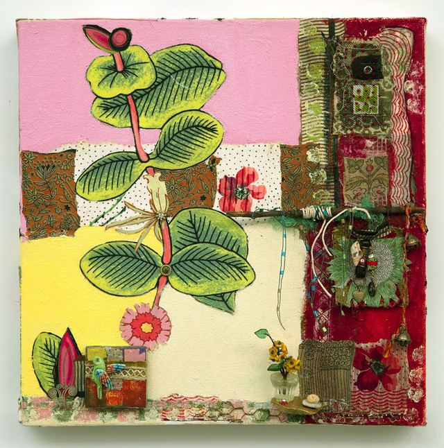Ellen Devens Mixed media on canvas textiles, oil paint, wood, cord, shell, beads, antique glass flowers / components, wire, stones