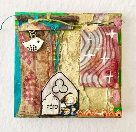 Ellen Devens Small works Old Middle Eastern textiles, paper, oil paint, twine, bird charm
