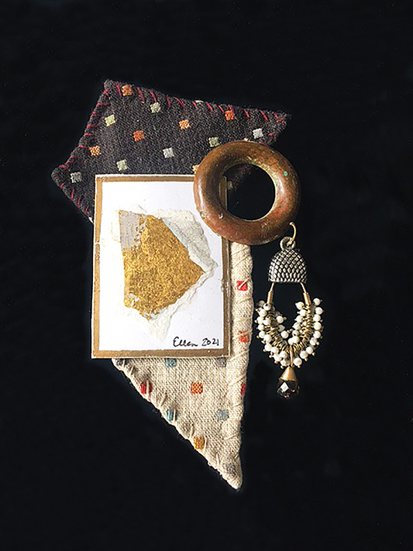 Ellen Devens Small works Handstitched Japanese fabric, paper, gold leaf, metal, beads