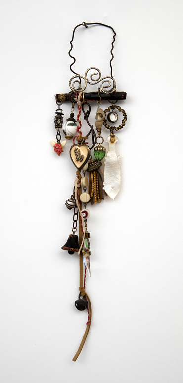 Ellen Devens Sculpture wood, wire, found objects, old enamel heart charm, wooden bell, handmade mini tassel, shell, mother of pearl antique gaming chip, glass beads