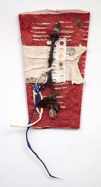 Ellen Devens Works on paper Joomchi (handmade Korean paper), textiles, wood, glass, shell, cord, hand crafted suede tassel, beads and antique enamel element
