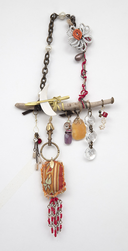 Ellen Devens Sculpture  wood, hand sewn bundle, vintage metal accessory, amethyst bead, glass, shell, beaded flower, chain, cord