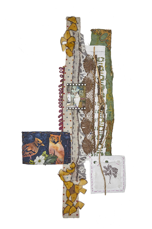 Ellen Devens Sculpture Silk fragments, vintage gold thread, textile patches, wood, old antique elements