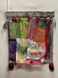 David Greenstein Works - 2013 to present metal tallit collar, paper, oil on paper, mesh, aluminum foil, pipe cleaner, wire, string, paper filling, cloth petals, plastic beads, feathers