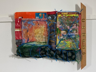 David Greenstein Works - 2013 to present o/c, wood, grommets, staples, fabric, thread, string, wire, mesh, packaging, pushpins