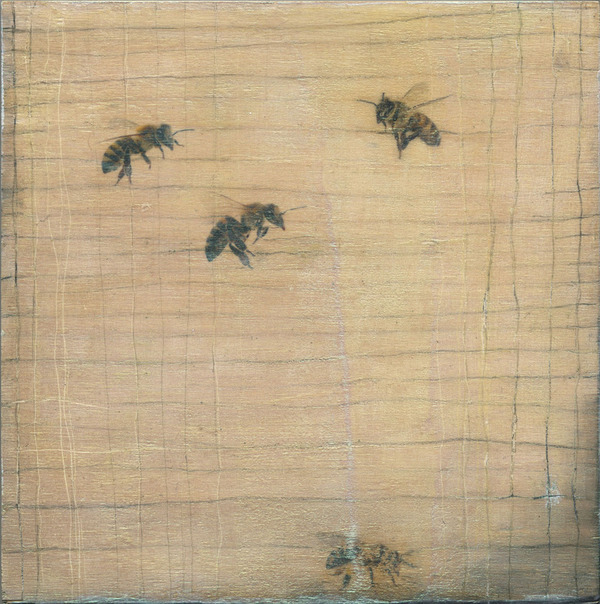 Heather Goodman Bees mixed media on wood panel