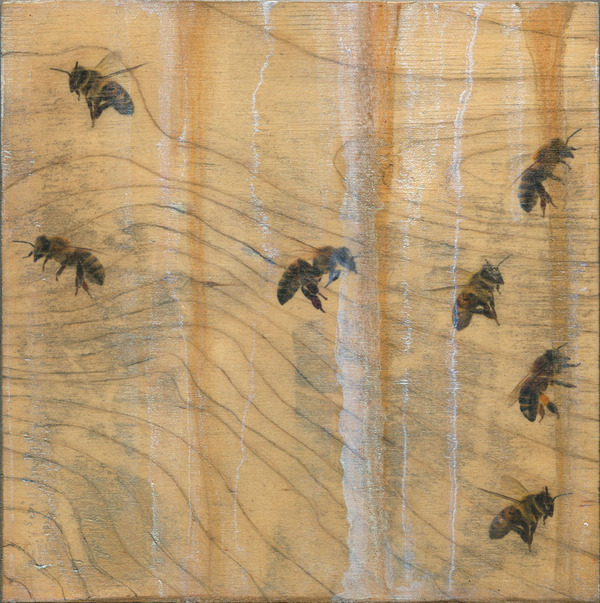 Heather Goodman Bees mixed media on wood panel